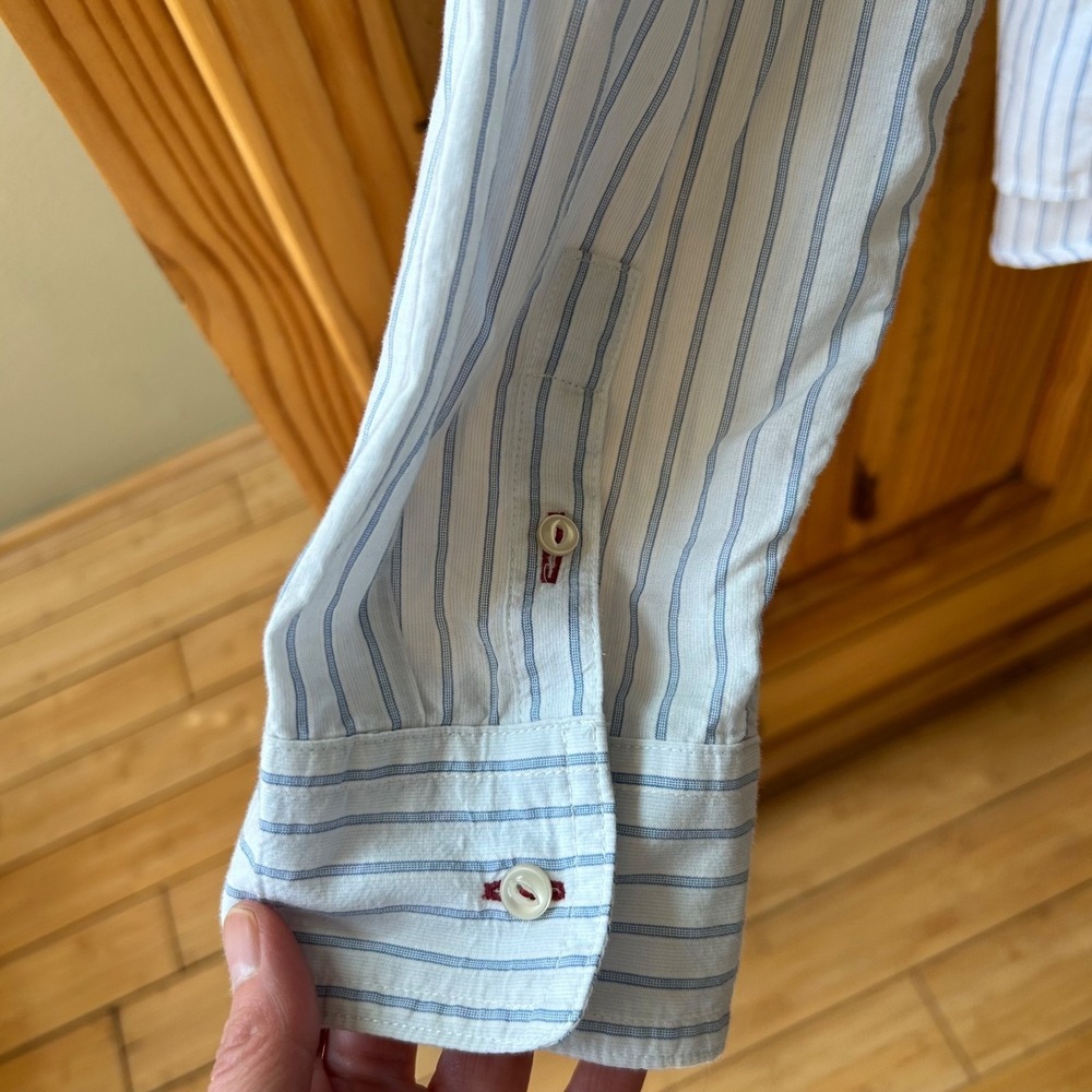 Chaps Top Button Up Aztec Pinstripe Blue White 100% Cotton Women Large - Picture 5 of 7